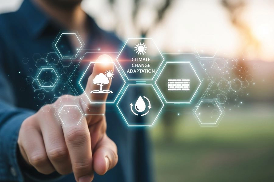 Person interacting with climate change adaptation icons on a digital interface outdoors at daytime